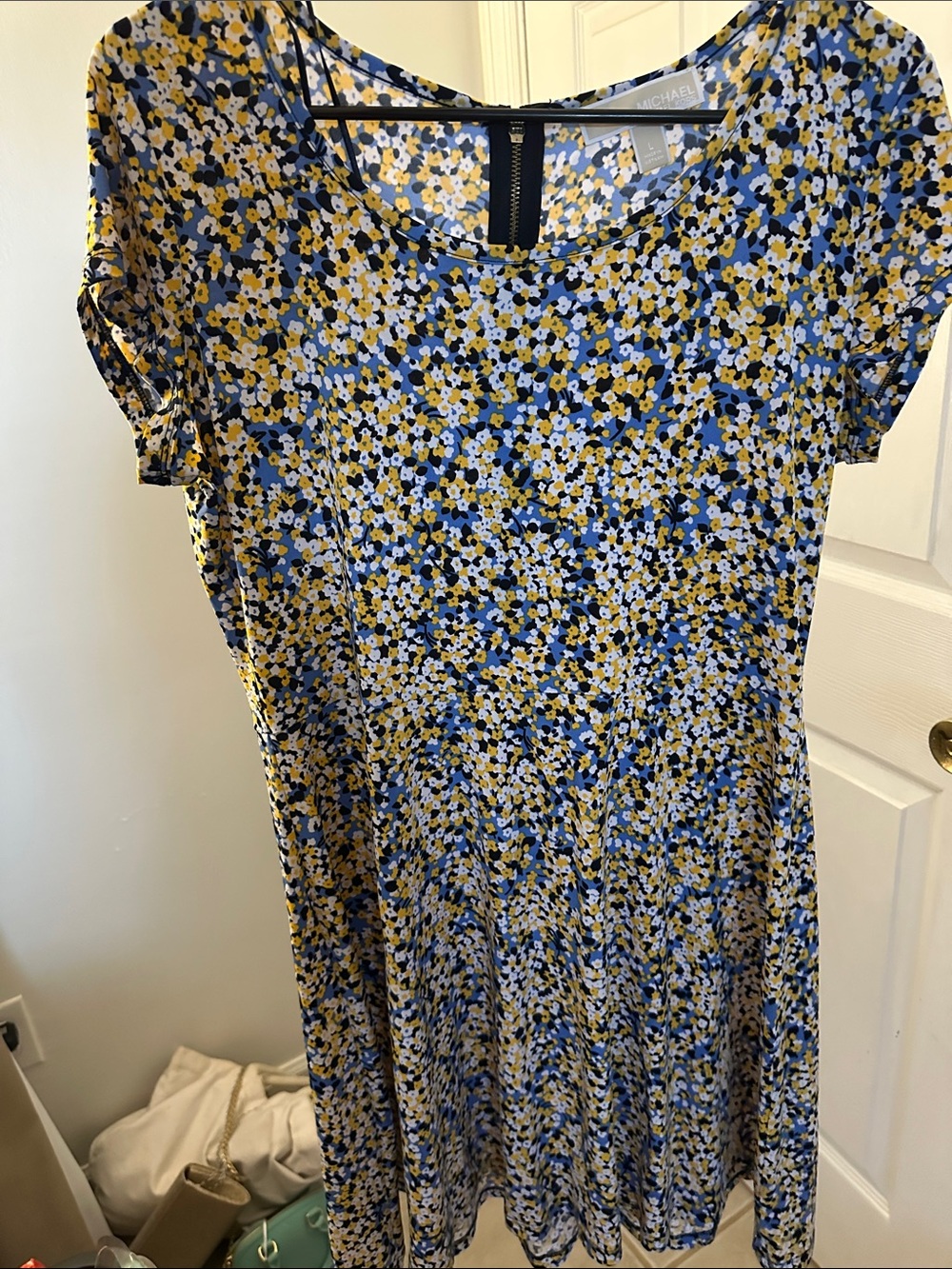 Michael Kors Blue, Yellow and White Floral Short-Sleeve Shift Dress